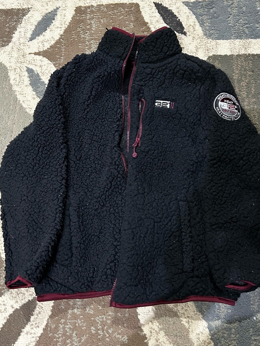 Kids Black Sherpa Jacket with Burgundy Trim